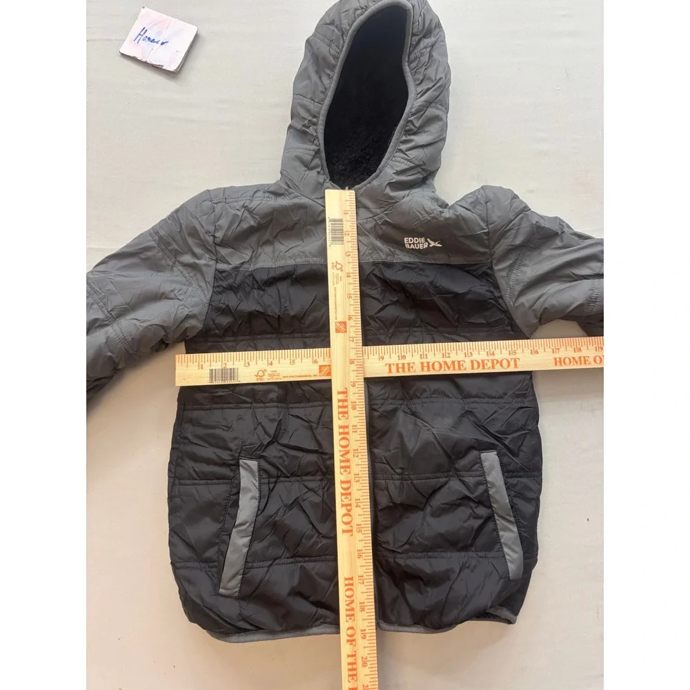 Eddie Bauer Boys Puffer Jacket Gray Black Hooded Fleece Lined Quilted Coat XL